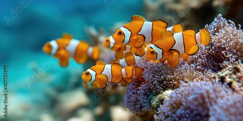 A vibrant bunch of clownfish swim gracefully among the colorful coral reef, showcasing the beauty of marine life and the delicate balance of underwater ecosystems.