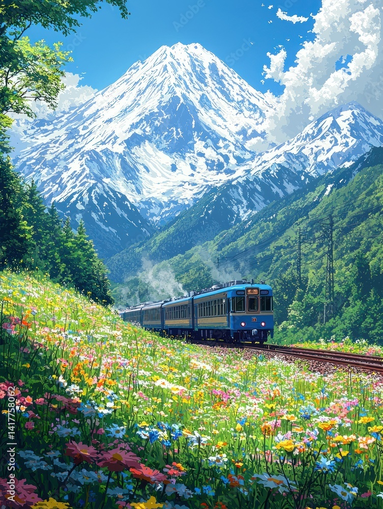 Fototapeta premium Picturesque train journey through vibrant meadow with majestic mountains