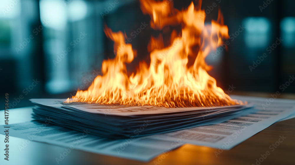 Pile of business documents with burning financial charts symbolizes economic crisis financial loss urgency and volatility in modern markets with space for dramatic editorial messaging