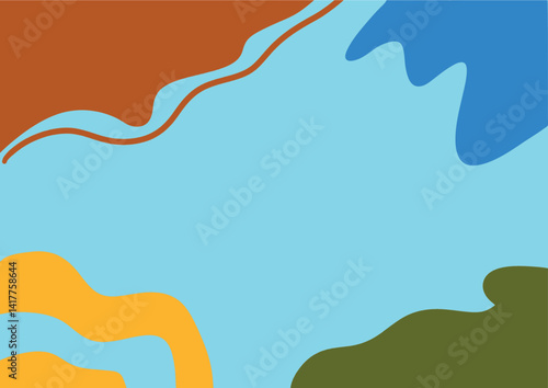 A light-blue background is filled with various organic, irregular shapes of different colours. There are roughly blob-like shapes of muted tones of brown, blue, yellow, and olive-green. The shapes