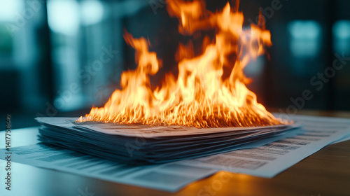 Obraz na płótnie Pile of business documents with burning financial charts symbolizes economic crisis financial loss urgency and volatility in modern markets with space for dramatic editorial messaging
w salonie