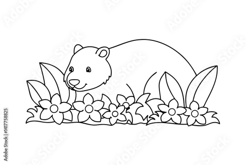 Outline Of A Bear Surrounded By Flowers Coloring Book Page Design