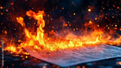 Pile of business documents with burning financial charts symbolizes economic crisis financial loss urgency and volatility in modern markets with space for dramatic editorial messaging

