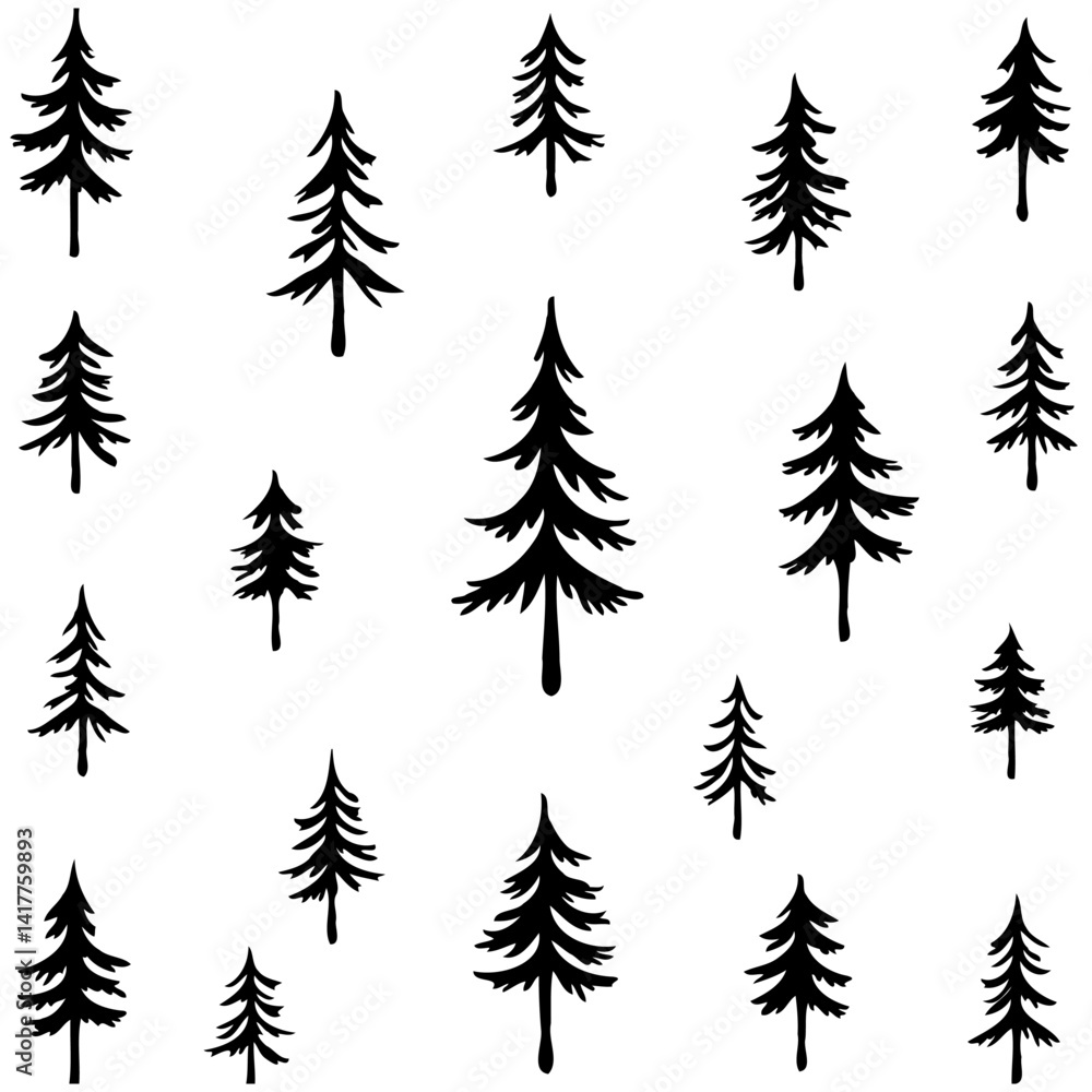 Obraz premium Seamless Pattern of Hand-Drawn Coniferous Trees