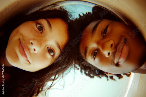 Commercial commercial conceptual art art. Valentine's day, enamored couple: extraordinary noticeable image of loving interracial high schooler couple. Sign of love and affection. Happy lovers.