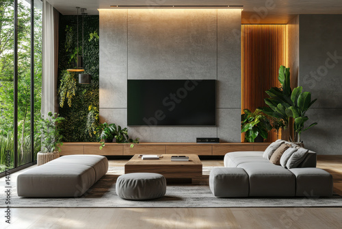 Large TV opposite a sizeable plant in a spacious living room.