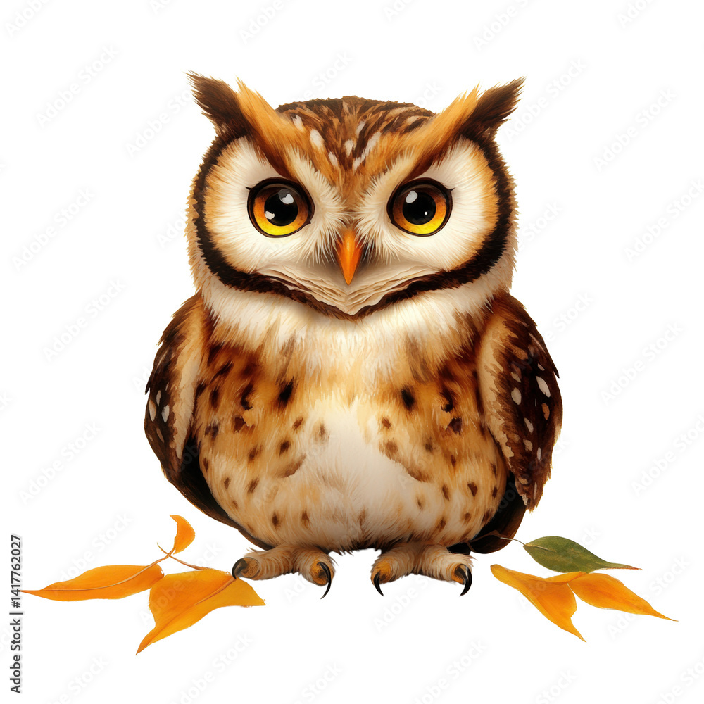 Naklejka premium Cute realistic owl with large expressive eyes perched on fallen autumn leaves against plain white background