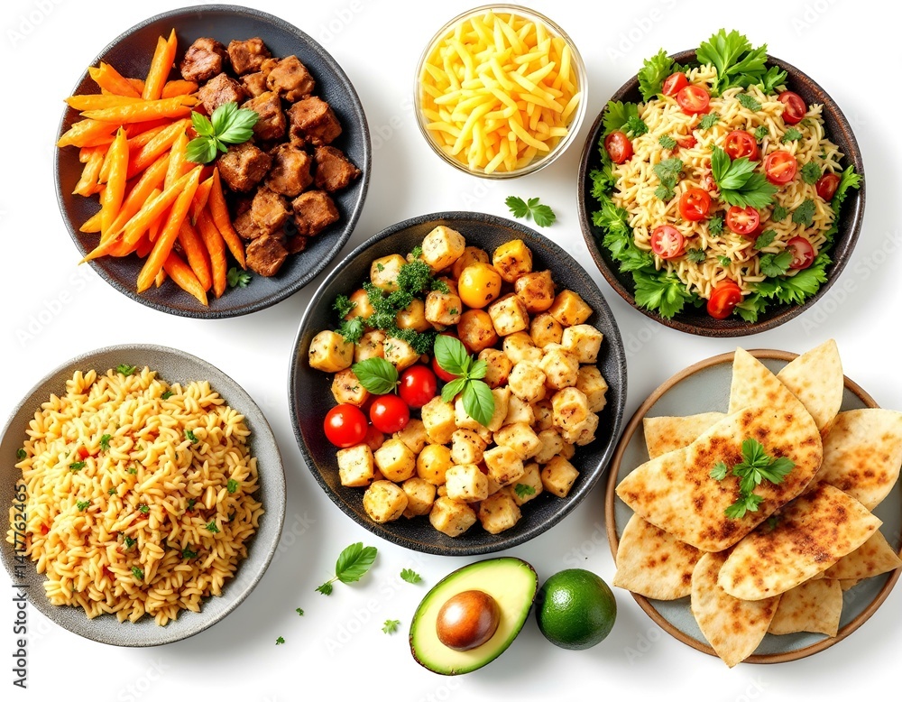 Various plates of food isolated on white background, top view Various plates of food isolated on white background, top view