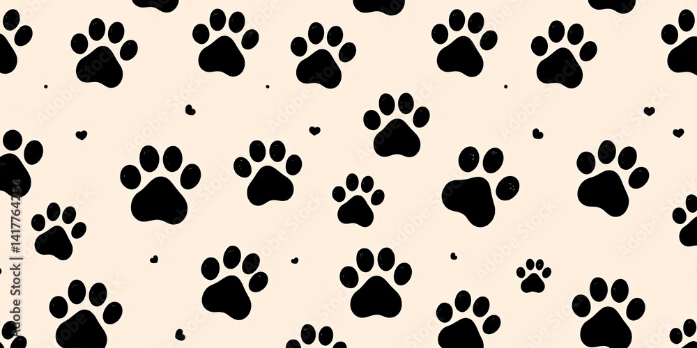 Seamless pattern of cute black doodle paw prints on a subtly textured, curved background, art, surface Seamless pattern of cute black doodle paw prints on a subtly textured, curved background, art, surface