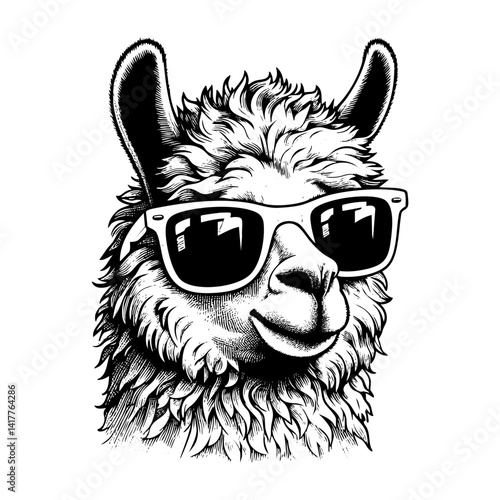 Llama wear sunglasses portrait sketch engraving black and white outline. Scratch board imitation.  illustrated in vintage line art style on a white background.