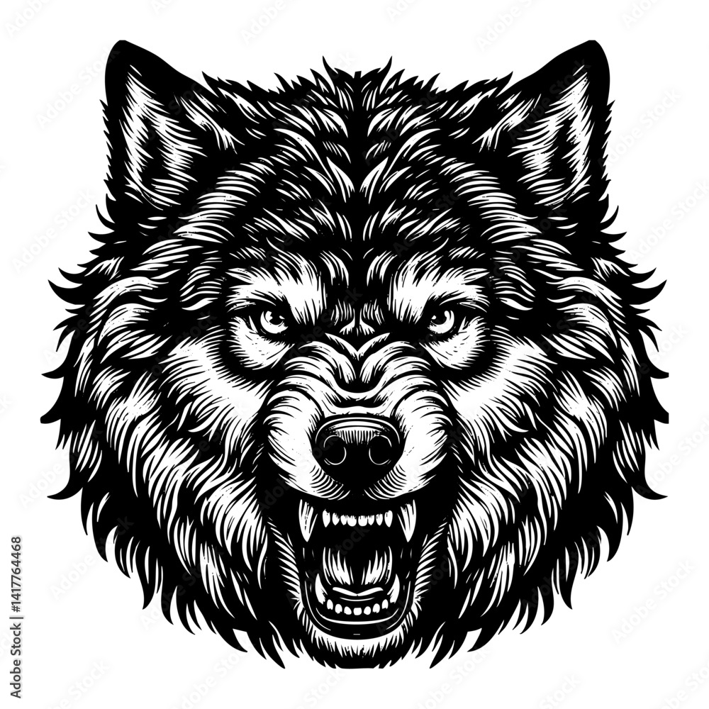 Fototapeta premium wolf portrait sketch engraving black and white outline. Scratch board imitation.