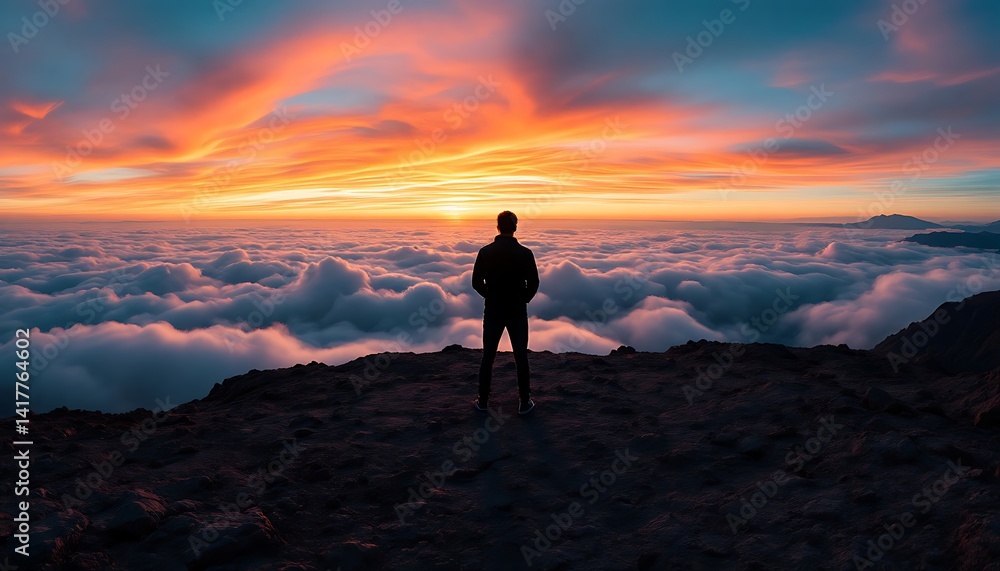 Man Standing on Mountain Peak Above Clouds at Vibrant Sunset Man Standing on Mountain Peak Above Clouds at Vibrant Sunset