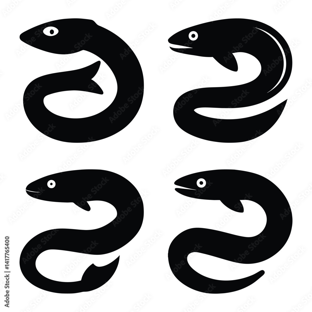 Naklejka premium Four stylized black and white eel silhouettes.