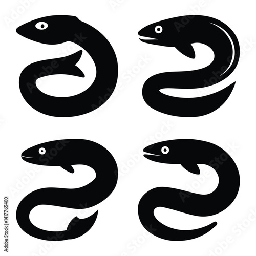 Four stylized black and white eel silhouettes.