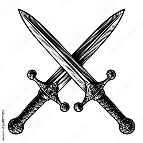 two swords crossed sketch engraving black and white outline. Scratch board imitation.
