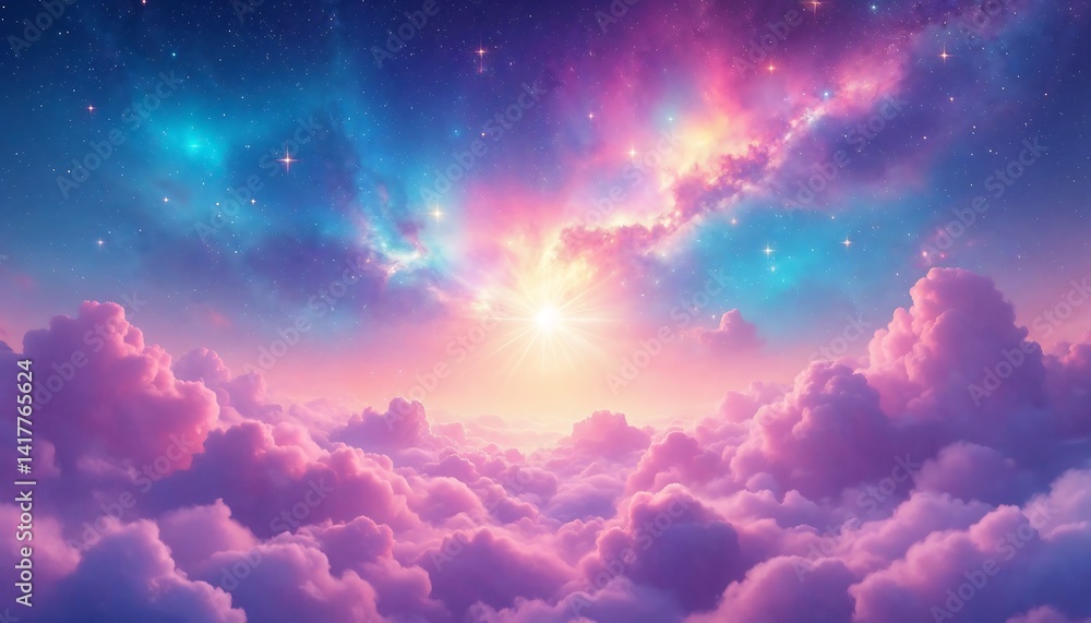 Dreamy Sky Above Clouds with Starry Galaxy and Celestial Light Dreamy Sky Above Clouds with Starry Galaxy and Celestial Light