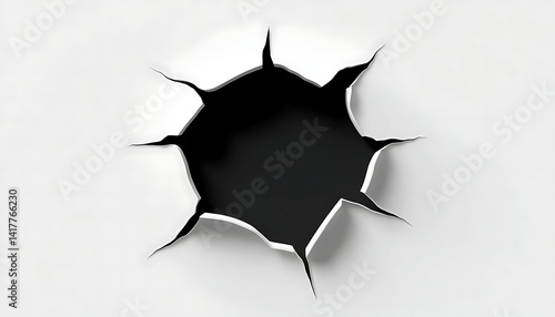 White paper with black round ripped hole, flat 2D illustration, background ,