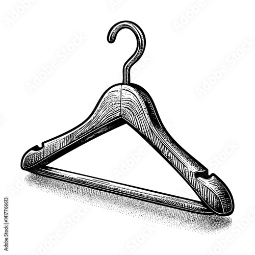 Wooden hanger sketch engraving black and white outline. Scratch board imitation.  illustrated in vintage line art style on a white background.