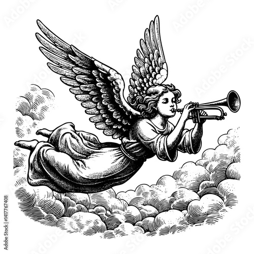 Angel flying playing trumpet sketch engraving black and white outline. Scratch board imitation.  illustrated in vintage line art style on a white background.