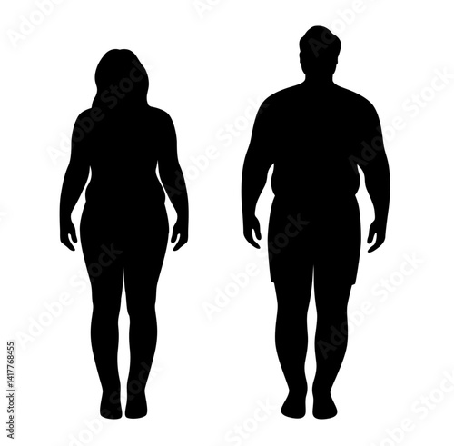 Overweight man and woman silhouette, weight loss, Large Man and woman on white background