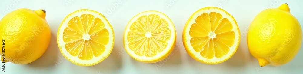 Set of whole and sliced lemons on clear backdrop, tangy, natural, food Set of whole and sliced lemons on clear backdrop, tangy, natural, food