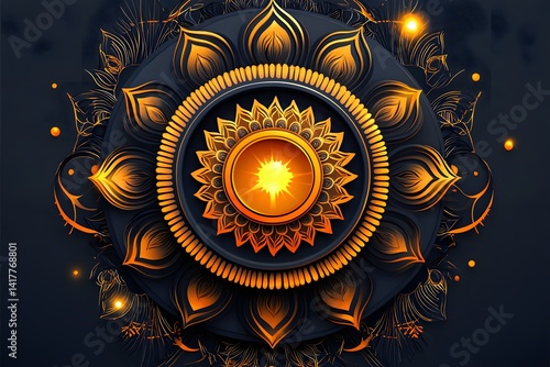 Golden Mandala: An illustration of an intricate golden mandala design with dark background, featuring radiating petals and a central glowing element. It evokes a sense of spirituality.