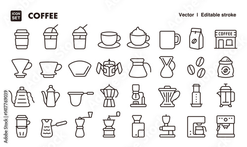 Coffee and coffee goods line icon set. Vector editable stroke icon.