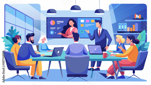 A group of people are sitting around a table in a conference room. The man in the center is giving a presentation. The room is decorated with potted plants and a large monitor on the wall