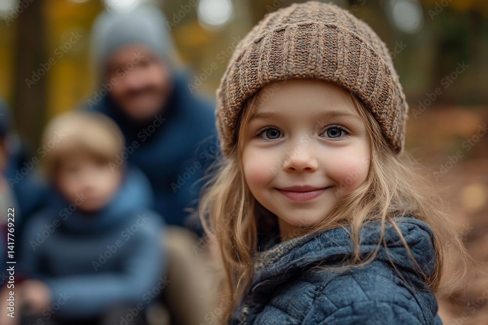 Adorable child in a Cozy Winter Hat Enjoying an Autumn Picnic with Family in a Scenic Forest Camping Adventure, generative ai Adorable child in a Cozy Winter Hat Enjoying an Autumn Picnic with Family in a Scenic Forest Camping Adventure, generative ai