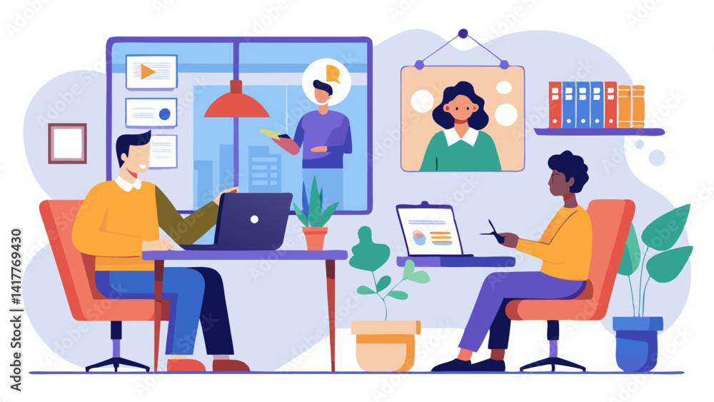 A group of people are sitting around a table with a laptop and a clock on the wall. They are discussing something important A group of people are sitting around a table with a laptop and a clock on the wall. They are discussing something important