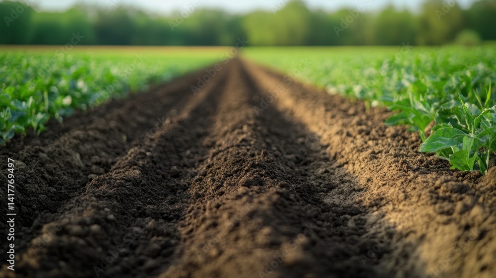 Freshly Tilled Soil in a Vibrant Green Field with Rows of Growing Crops Under Clear Blue Sky Freshly Tilled Soil in a Vibrant Green Field with Rows of Growing Crops Under Clear Blue Sky