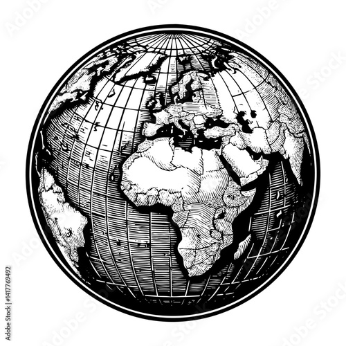 Earth globe sketch engraving black and white outline. Scratch board imitation.  illustrated in vintage line art style on a white background.