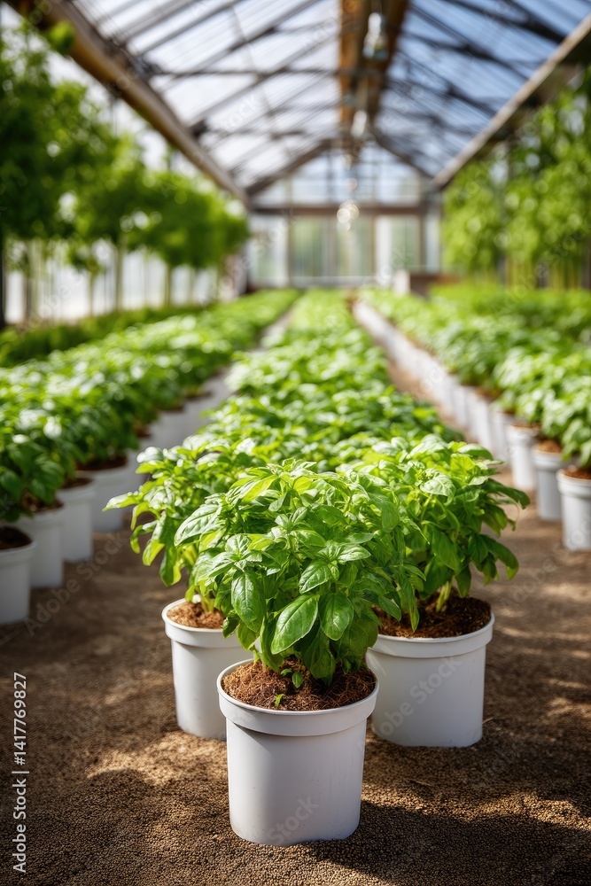 Basil plants growing in a greenhouse ready to be sold or used in cooking Basil plants growing in a greenhouse ready to be sold or used in cooking