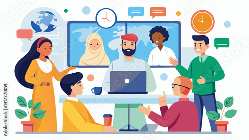 A group of people are gathered around a computer screen, with a man giving a presentation. Concept of collaboration and teamwork, as the group works together to learn