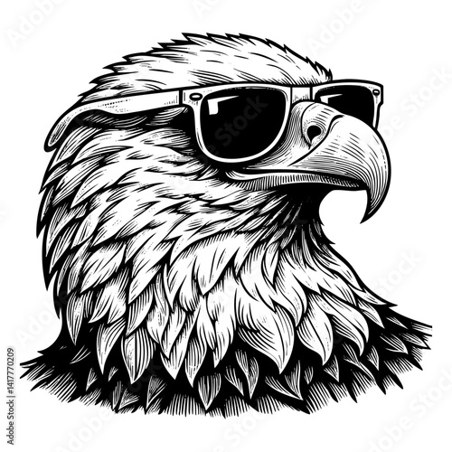 eagle wear sunglasses sketch engraving black and white outline. Scratch board imitation.