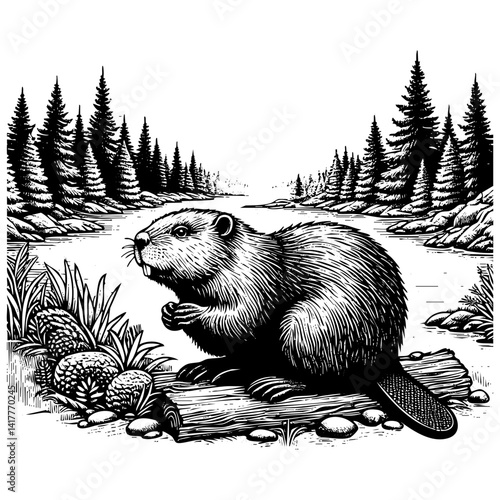 Beaver on river sketch engraving black and white outline. Scratch board imitation.  illustrated in vintage line art style on a white background.