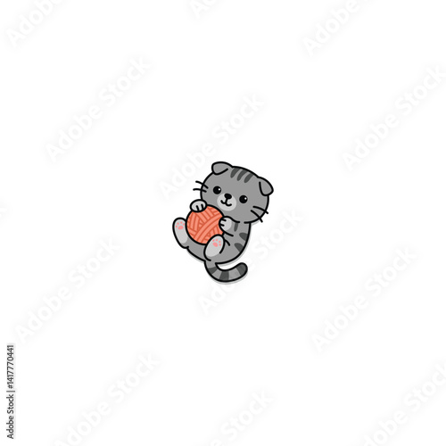 Cute scottish fold playing with yarn cartoon, vector illustration