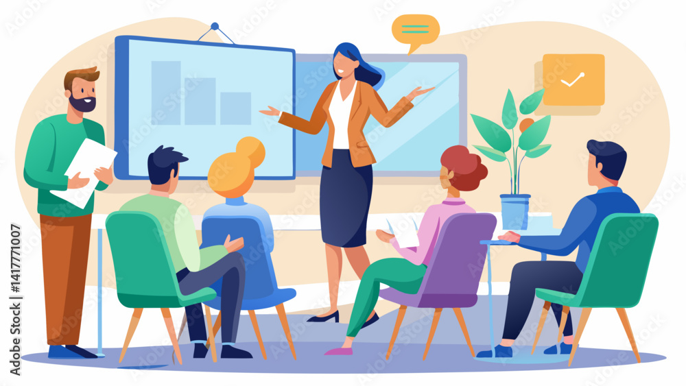 A woman is giving a presentation to a group of people. The presentation is about a new product. The people in the audience are listening attentively A woman is giving a presentation to a group of people. The presentation is about a new product. The people in the audience are listening attentively