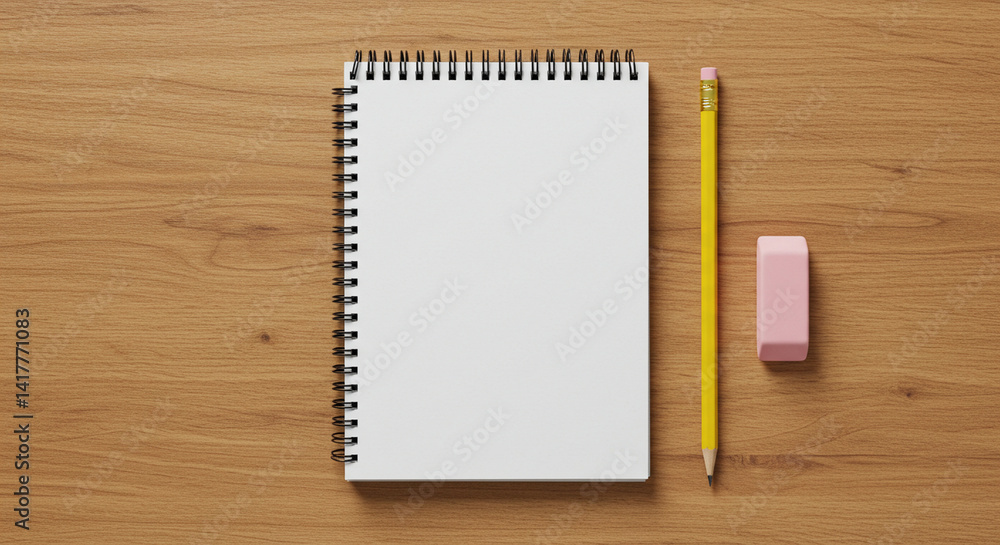 Blank Spiral Notebook, Yellow Pencil, and Pink Eraser on Wooden Desk Blank Spiral Notebook, Yellow Pencil, and Pink Eraser on Wooden Desk
