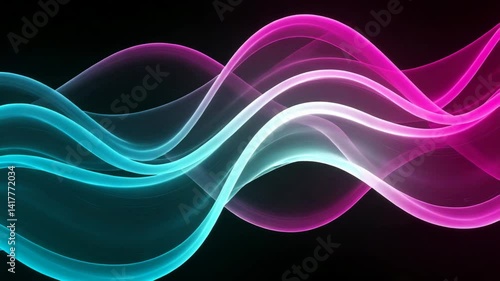 Glowing Fluid Waves in Neon Cyan and Magenta Against Black Background  