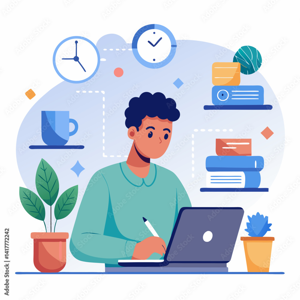 A man is sitting at a desk with a laptop and a potted plant. The image is a representation of a typical workday, with the man using his laptop to complete tasks A man is sitting at a desk with a laptop and a potted plant. The image is a representation of a typical workday, with the man using his laptop to complete tasks