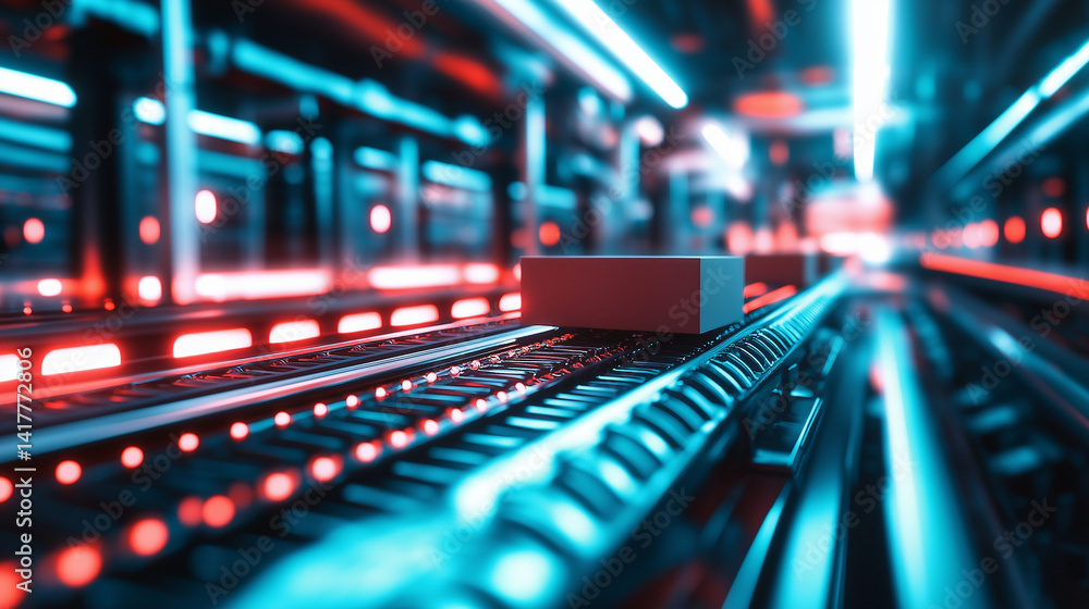 Close-up shot of high-tech factory conveyor belt smoothly transporting cardboard boxes through automated production line under bright LED lighting Close-up shot of high-tech factory conveyor belt smoothly transporting cardboard boxes through automated production line under bright LED lighting