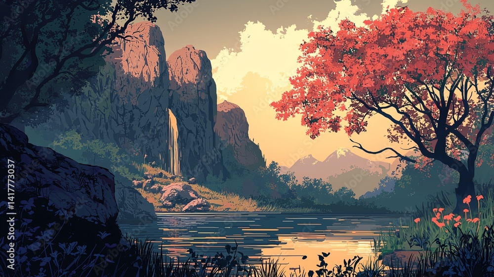 A landscape with a waterfall and a tree