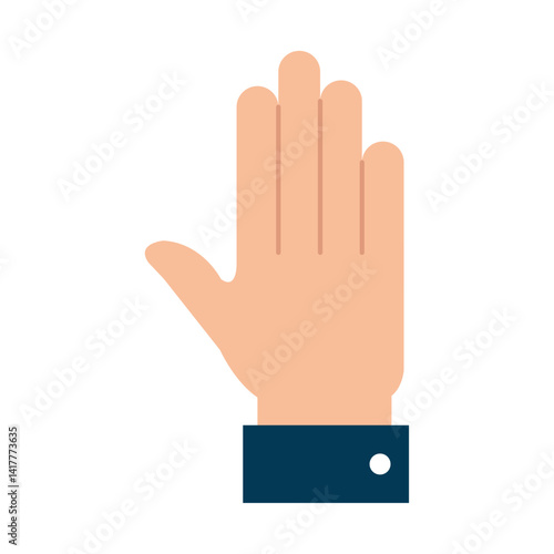 A vector illustration depicting a hand with five fingers fully extended in a stop gesture, featuring a visible dark blue sleeve