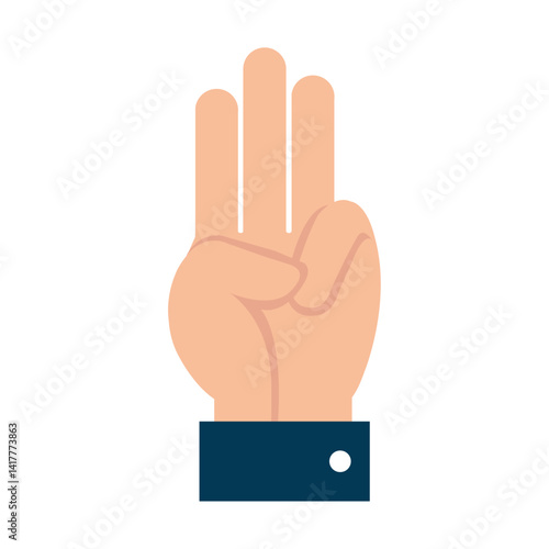 A vector illustration depicting a hand showing three fingers extended upward, featuring a dark blue sleeve with a white button