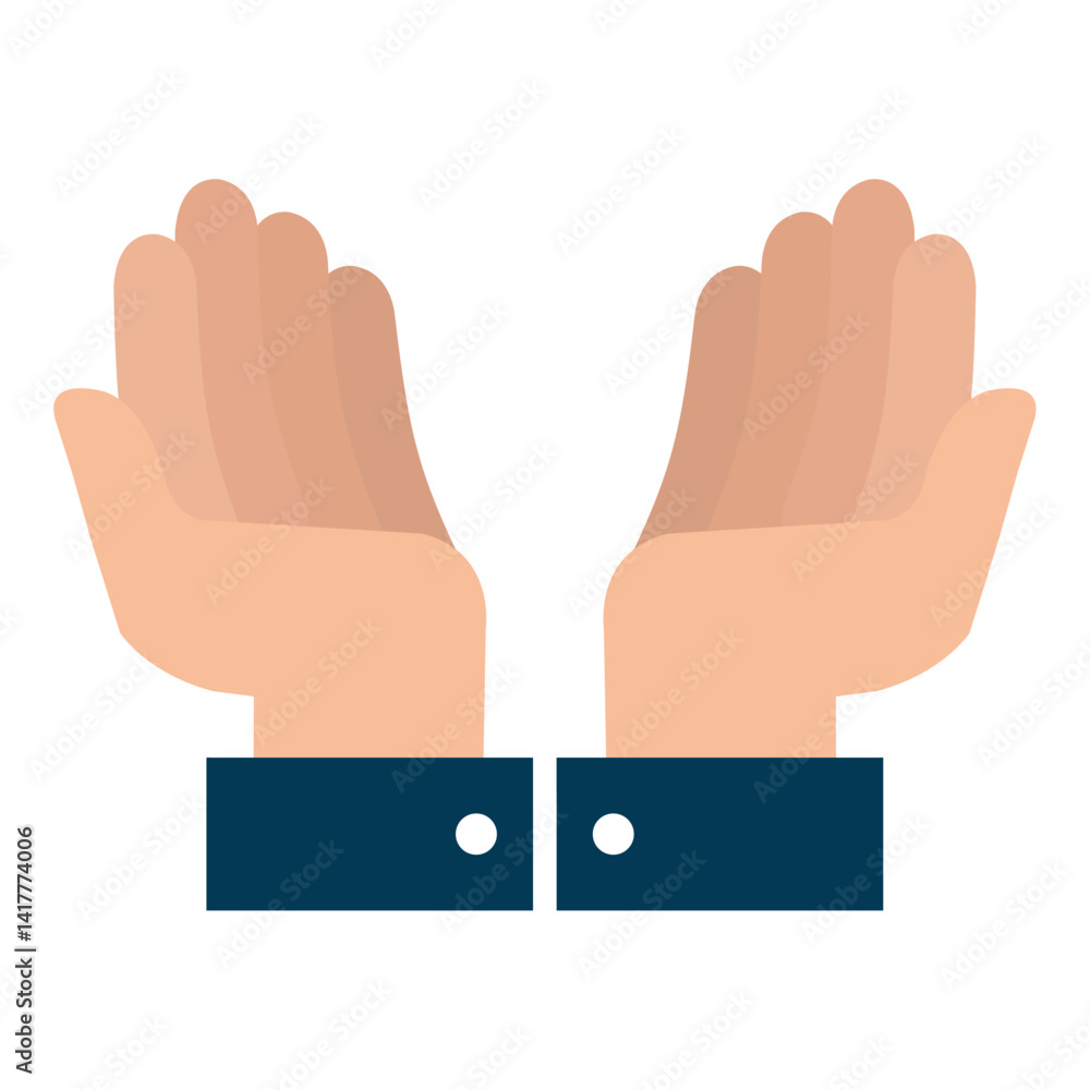 A vector illustration of two open hands with palms facing upward, each hand showing a dark blue sleeve with a white button, symbolizing offering support A vector illustration of two open hands with palms facing upward, each hand showing a dark blue sleeve with a white button, symbolizing offering support