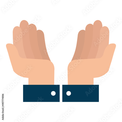 A vector illustration of two open hands with palms facing upward, each hand showing a dark blue sleeve with a white button, symbolizing offering support