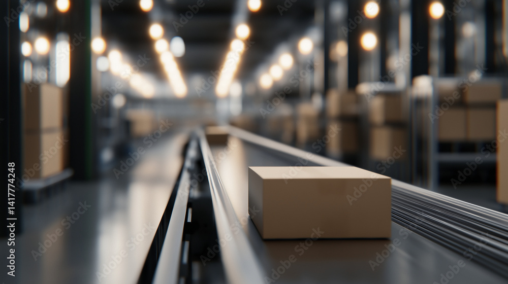 Series of automated conveyors in motion, carrying cardboard boxes through various production stages in a high-efficiency industrial facility