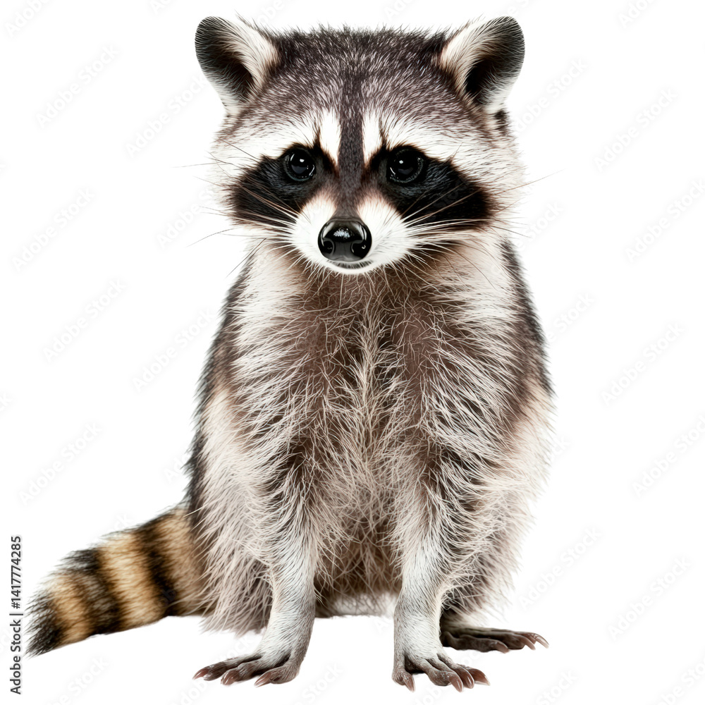 Fototapeta premium Close-up of a cute curious raccoon standing on white background highlighting animal facial features and natural fur texture for wildlife photography and animal study