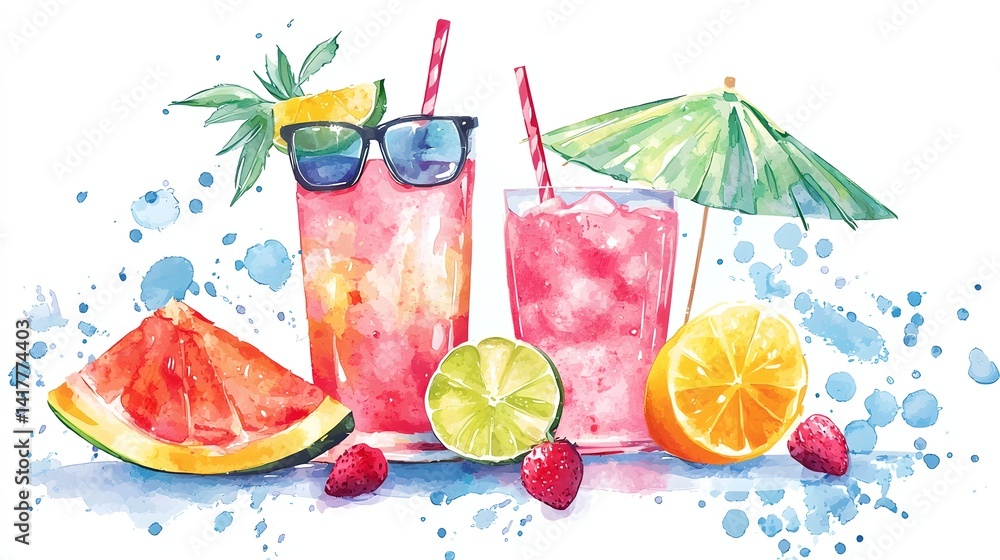 A colorful drink with a straw and umbrella on a table